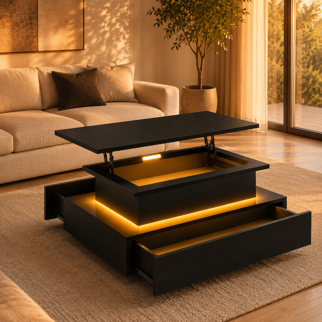 Table basse relevable Lova – Rangement intégré & éclairage LED
