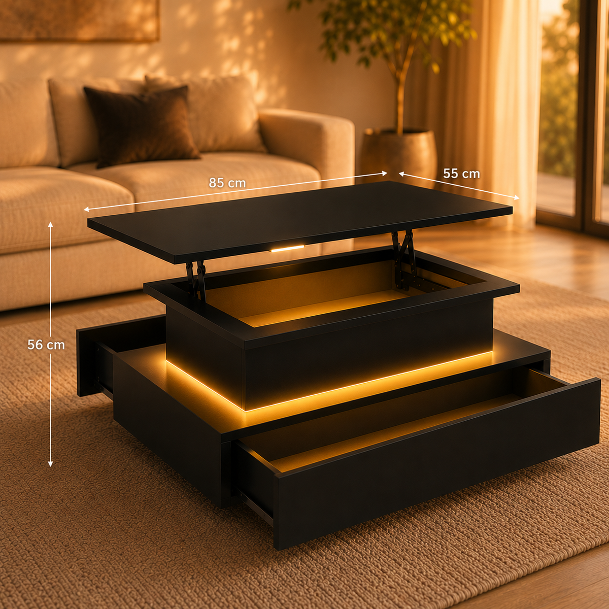Table basse relevable Lova – Rangement intégré & éclairage LED