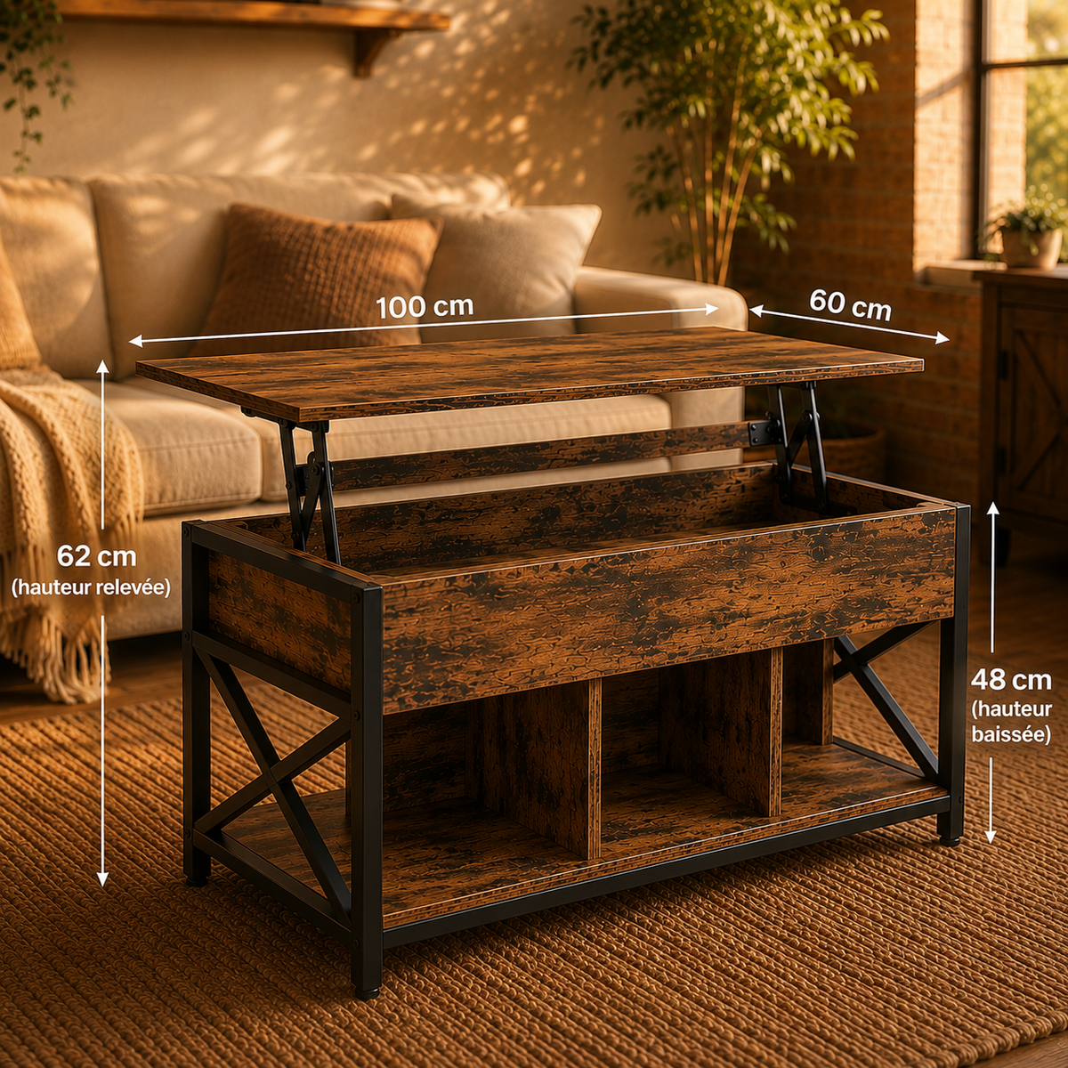 Table basse relevable Otis – Bois & métal, rangement intégré