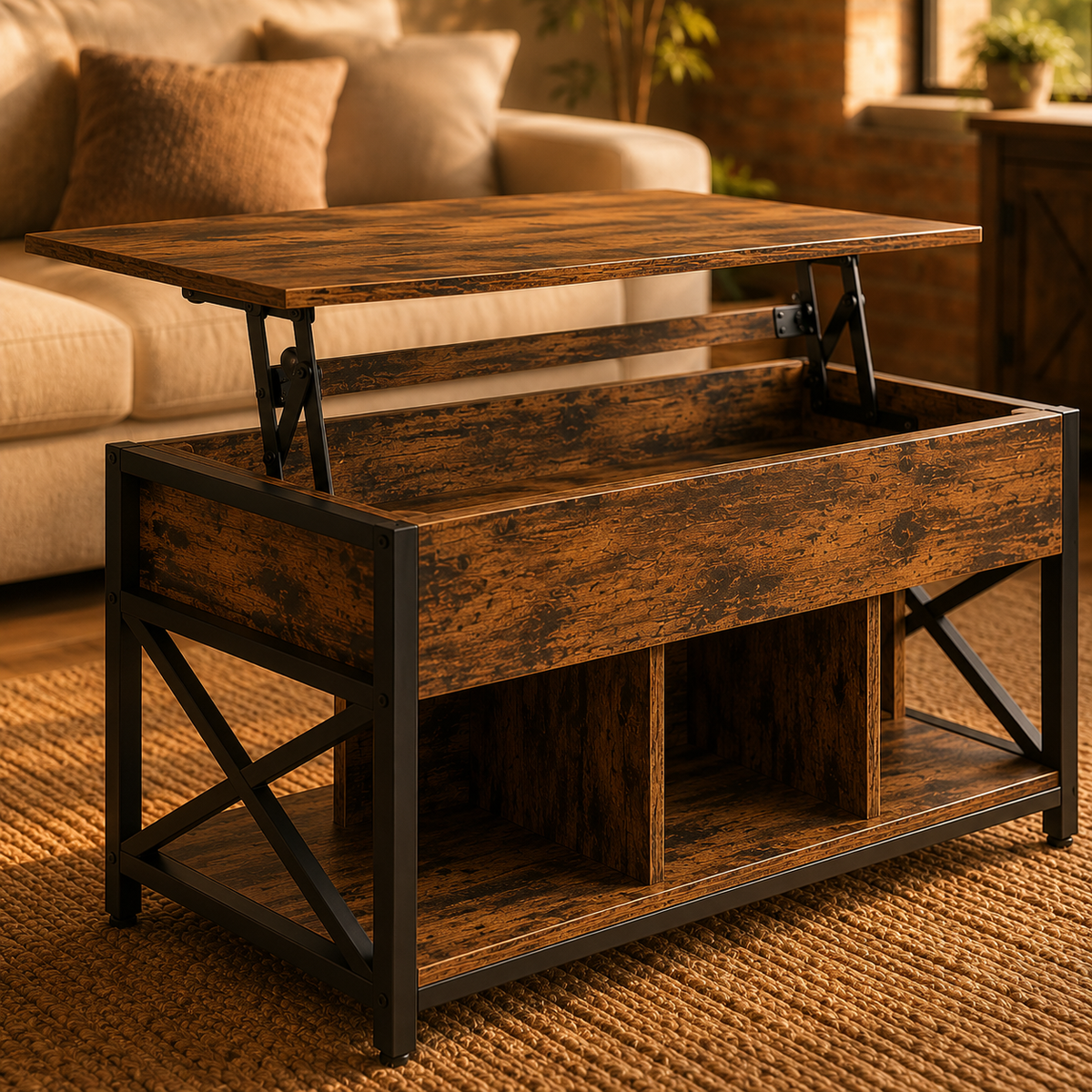 Table basse relevable Otis – Bois & métal, rangement intégré