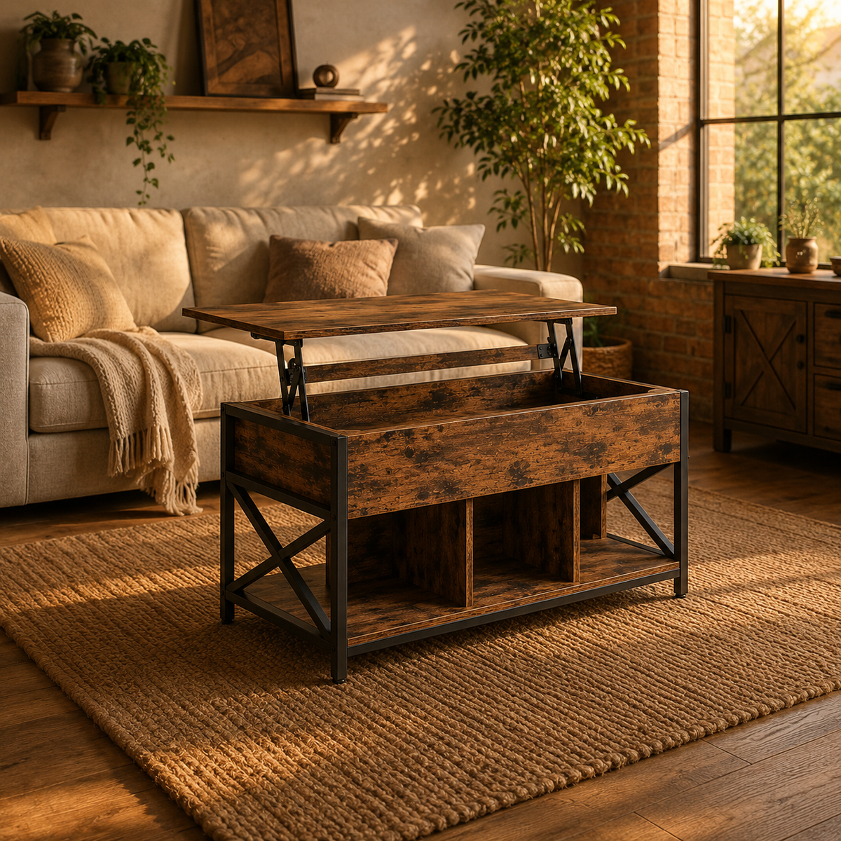 Table basse relevable Otis – Bois & métal, rangement intégré