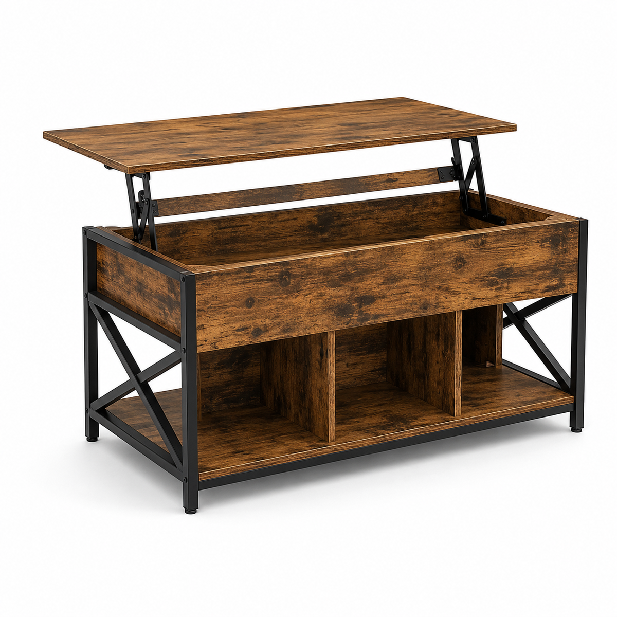 Table basse relevable Otis – Bois & métal, rangement intégré