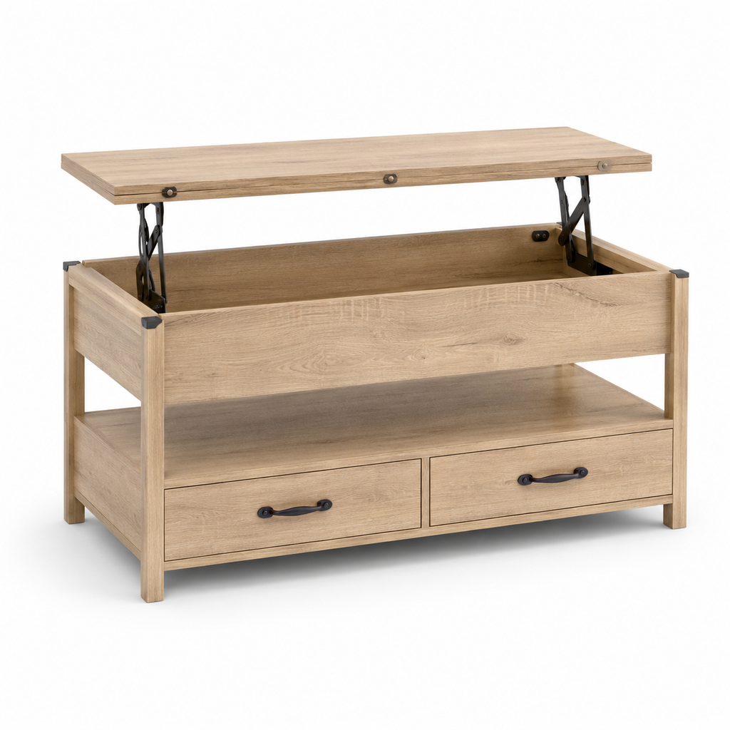 Table basse relevable Milo – Bois clair & rangement intégré