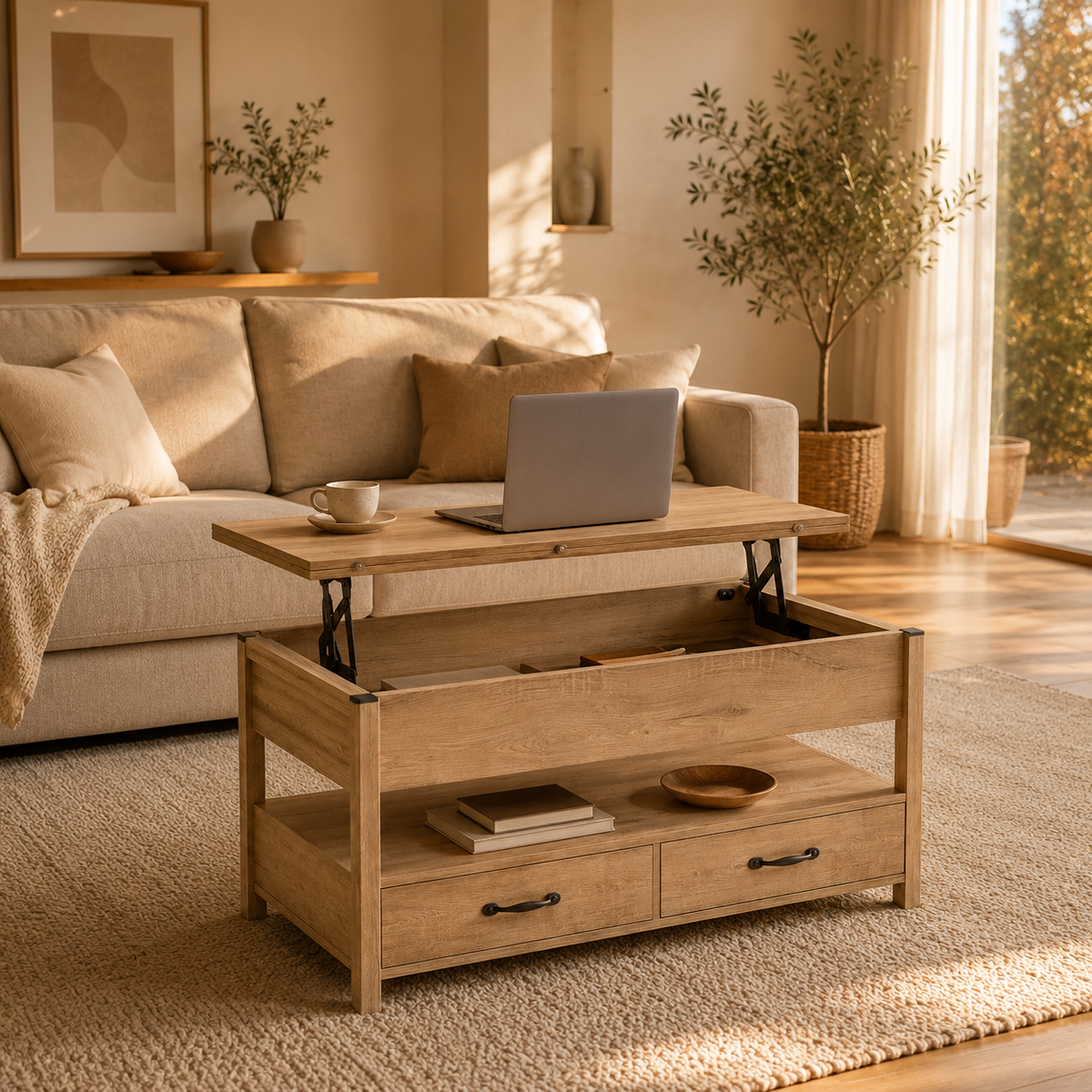 Table basse relevable Milo – Bois clair & rangement intégré
