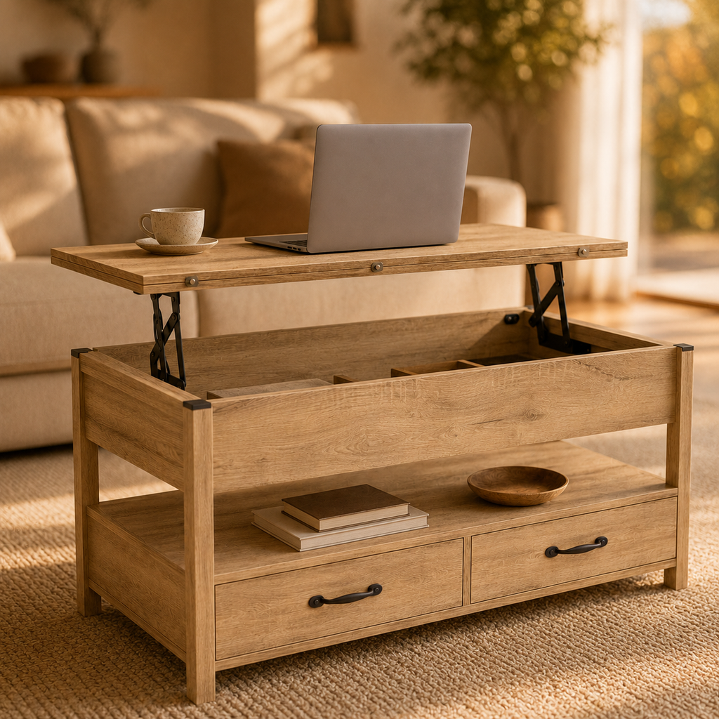 Table basse relevable Milo – Bois clair & rangement intégré