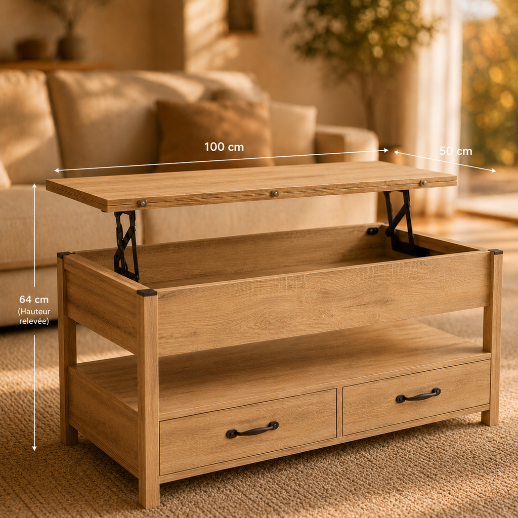Table basse relevable Milo – Bois clair & rangement intégré