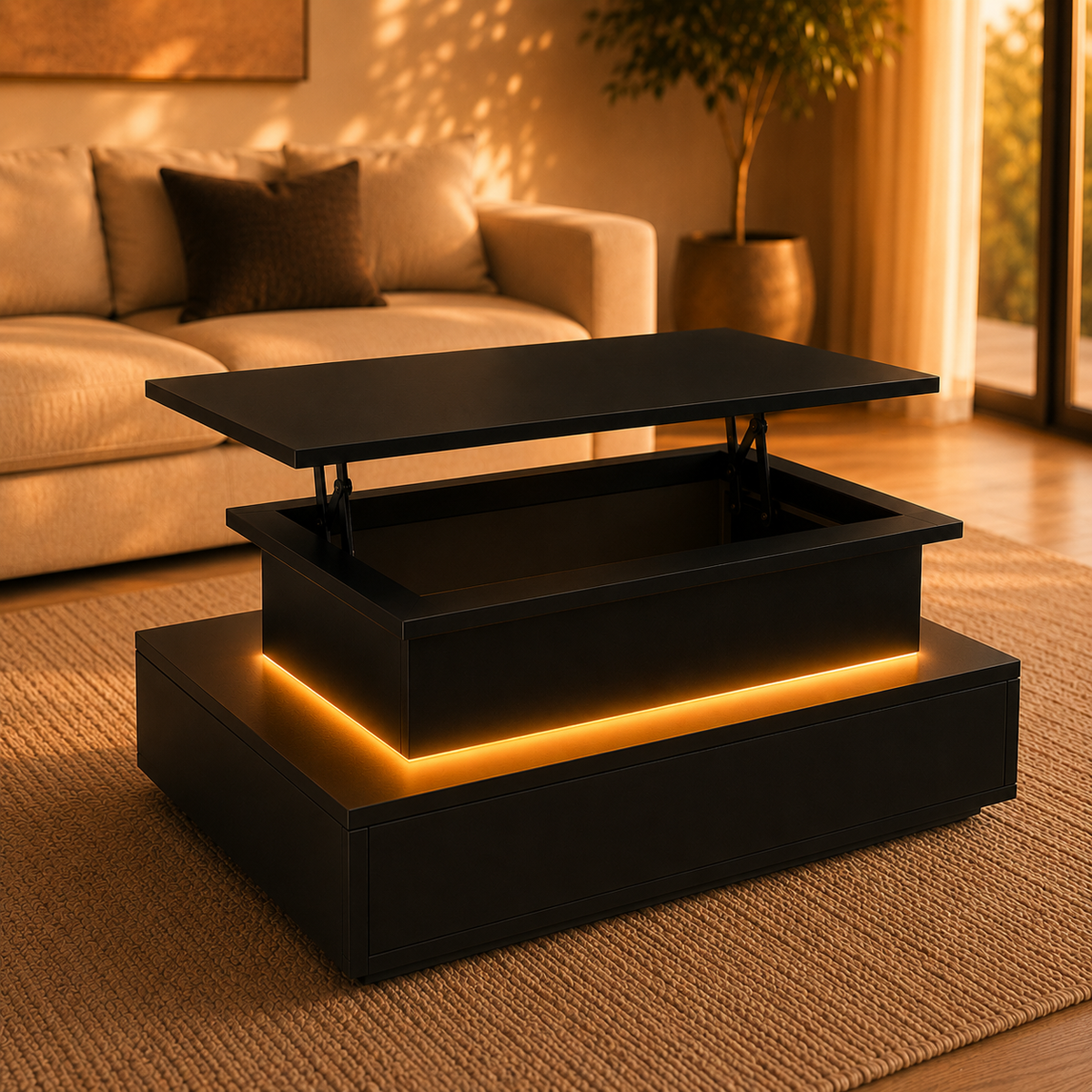 Table basse relevable Lova – Rangement intégré & éclairage LED