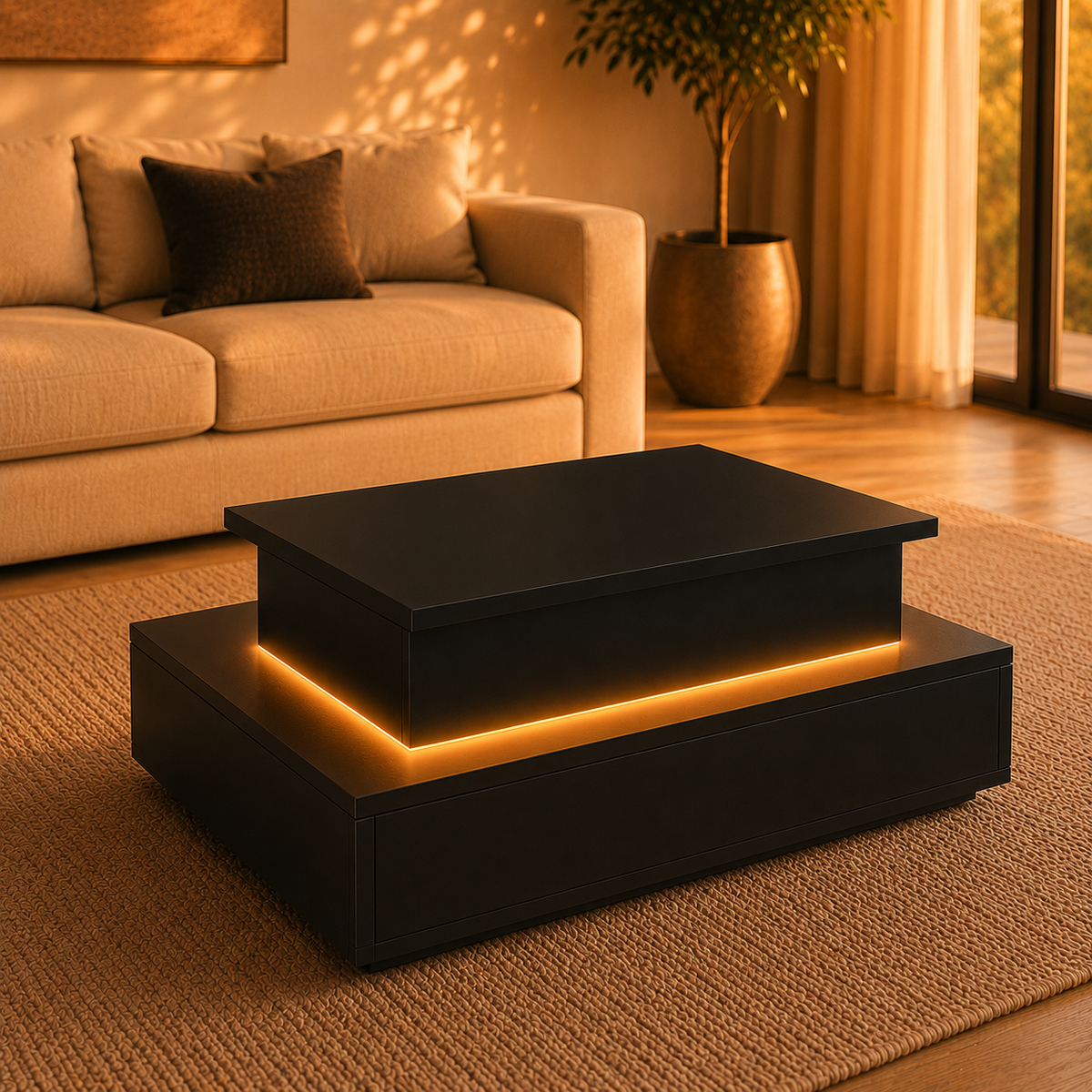 Table basse relevable Lova – Rangement intégré & éclairage LED