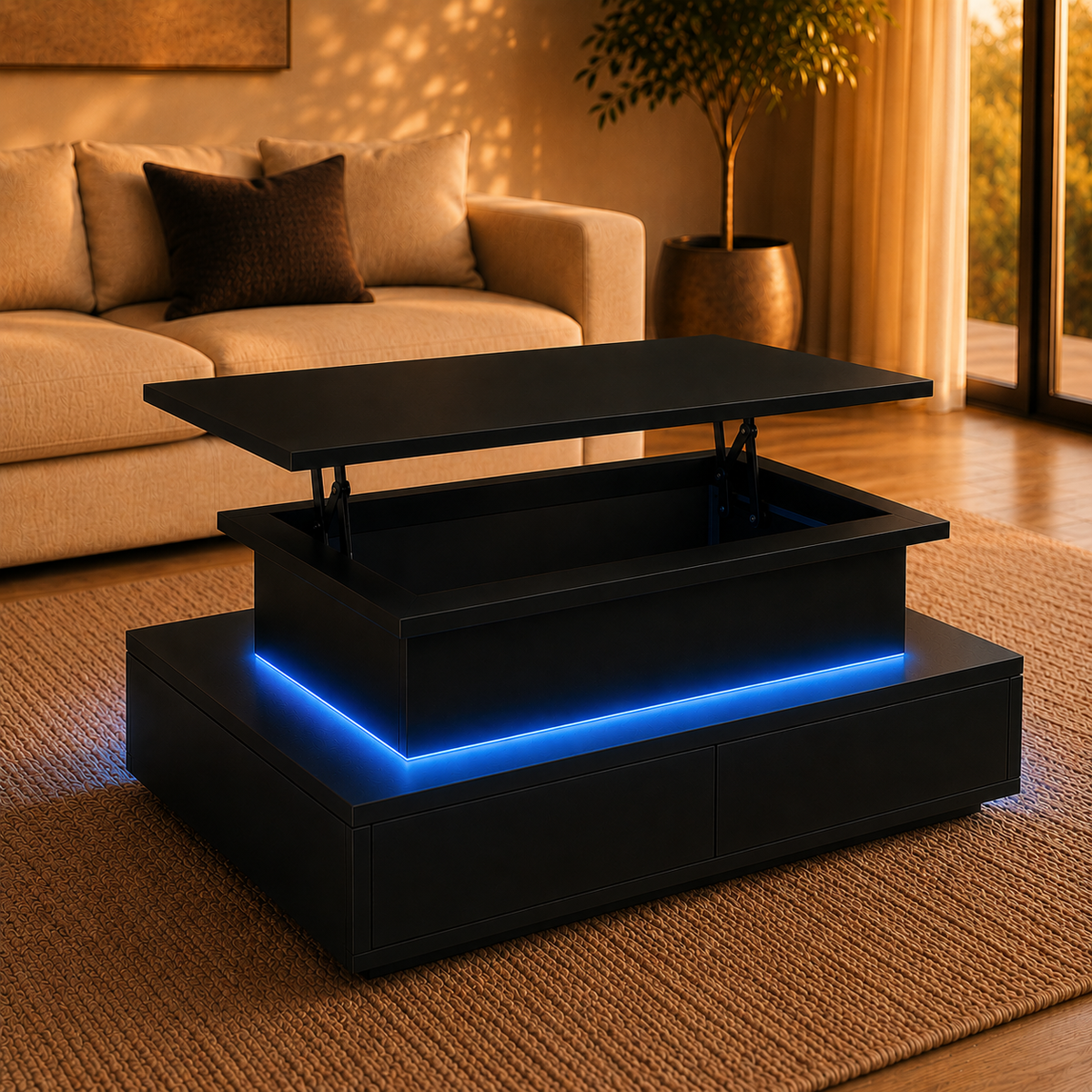 Table basse relevable Lova – Rangement intégré & éclairage LED