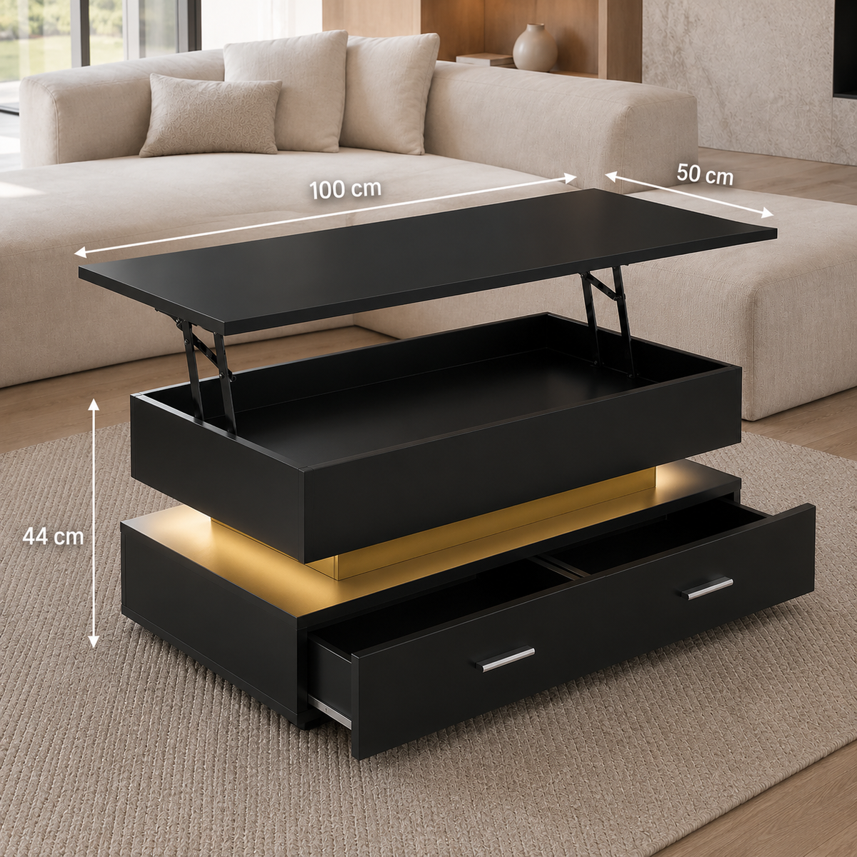Table basse relevable Aria – Rangement intégré & éclairage LED