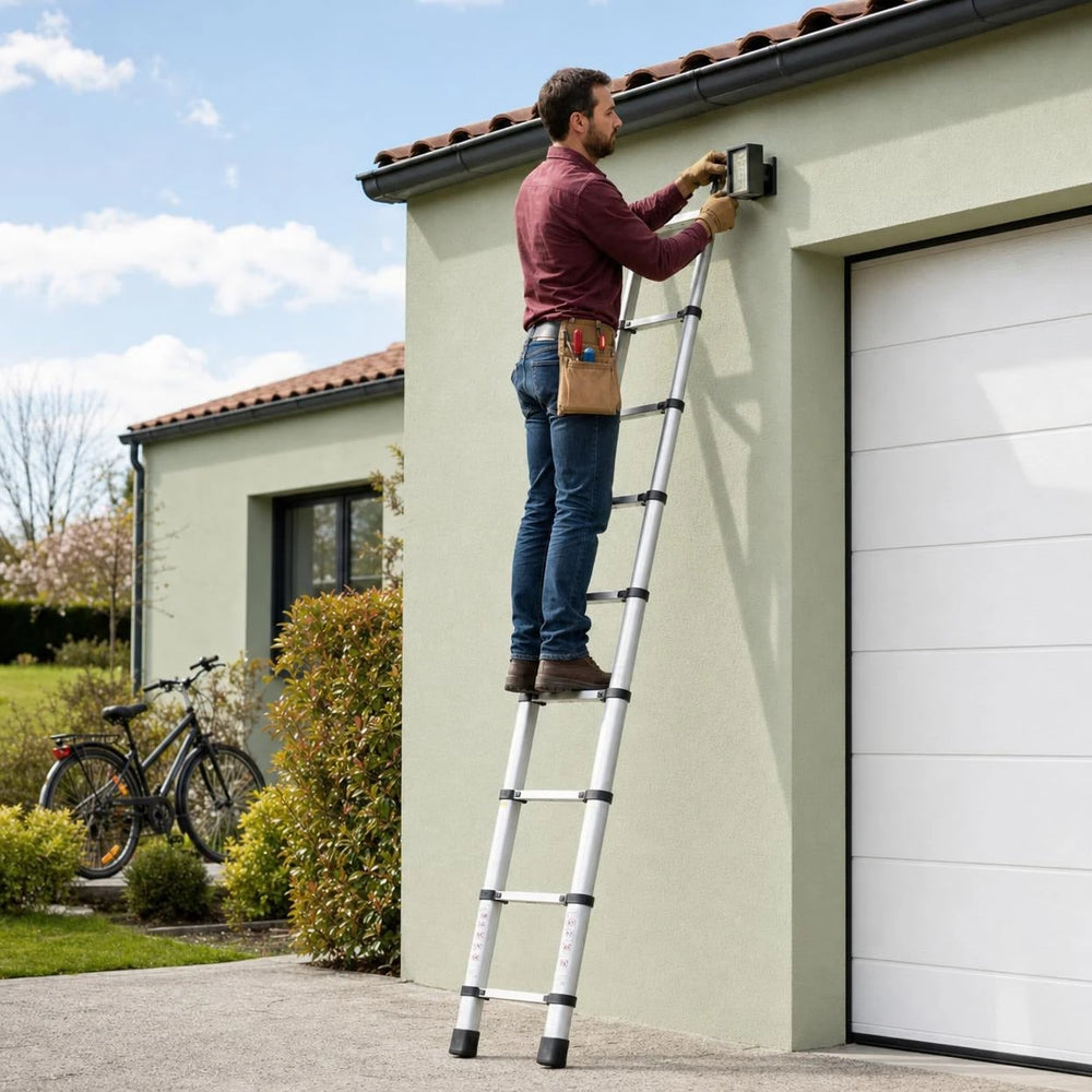 Teleskopleiter 3,8 m Pro ausgezogen an der Fassade neben dem Garagentor
