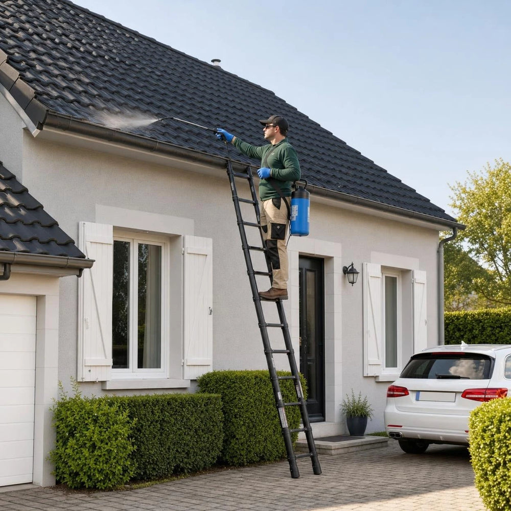 Schwarze Teleskopleiter 6,2 m am Dach eines Einfamilienhauses