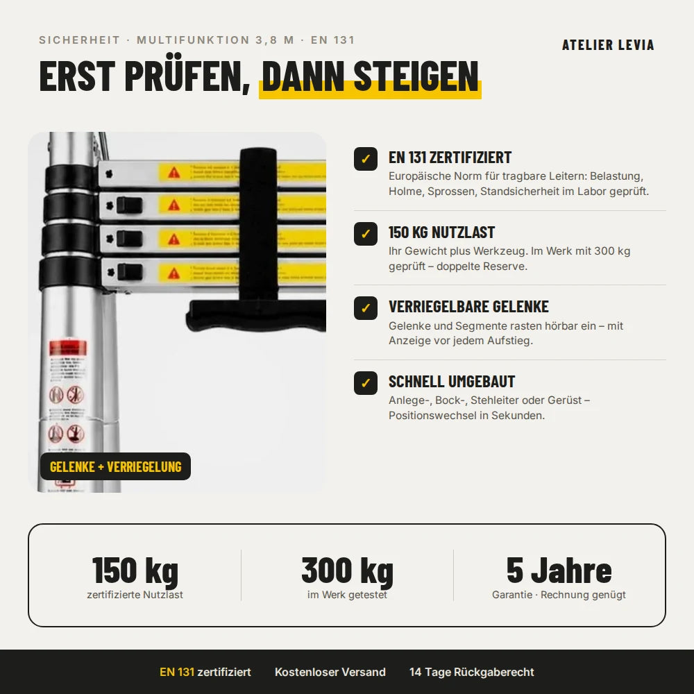 Multifunktionsleiter 3,8 m – Sicherheit: EN 131, 150 kg, Verriegelung