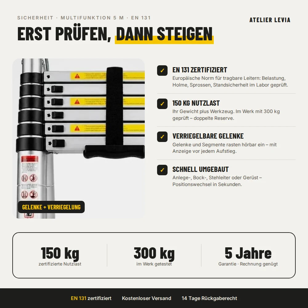 Multifunktionsleiter 5 m – Sicherheit: EN 131, 150 kg, Verriegelung