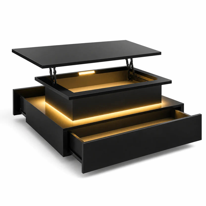 Table basse relevable Lova – Rangement intégré & éclairage LED