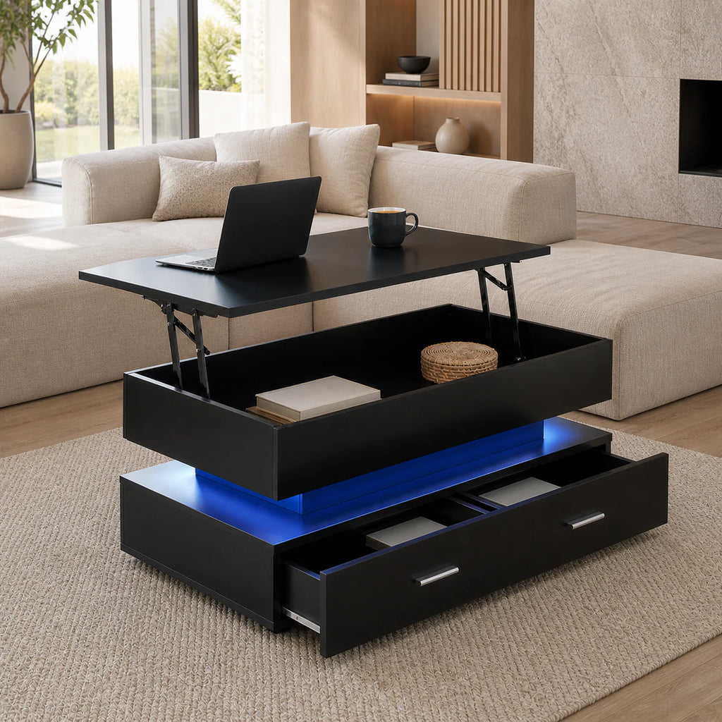 Table basse relevable Aria – Rangement intégré & éclairage LED