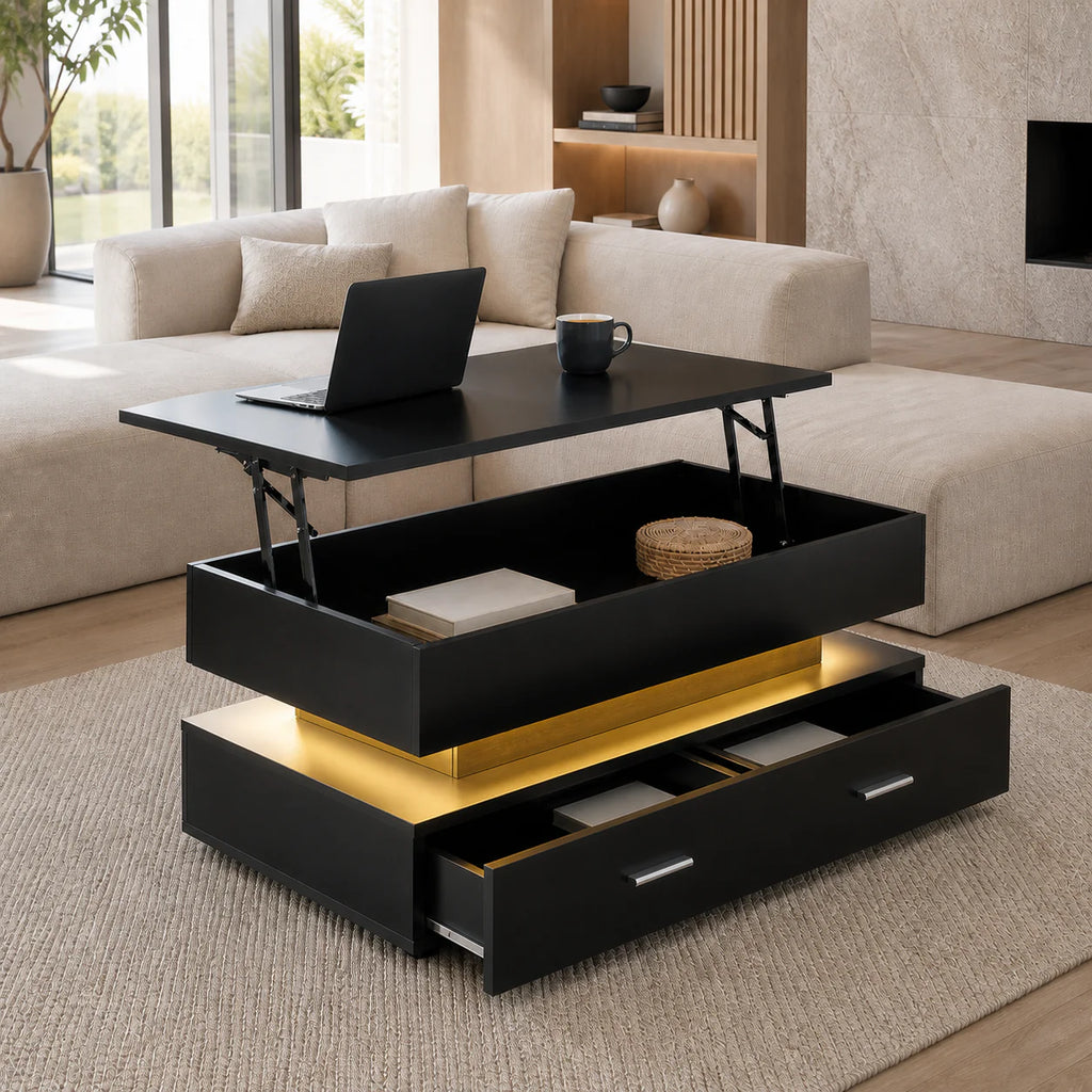 Table basse relevable Aria – Rangement intégré & éclairage LED