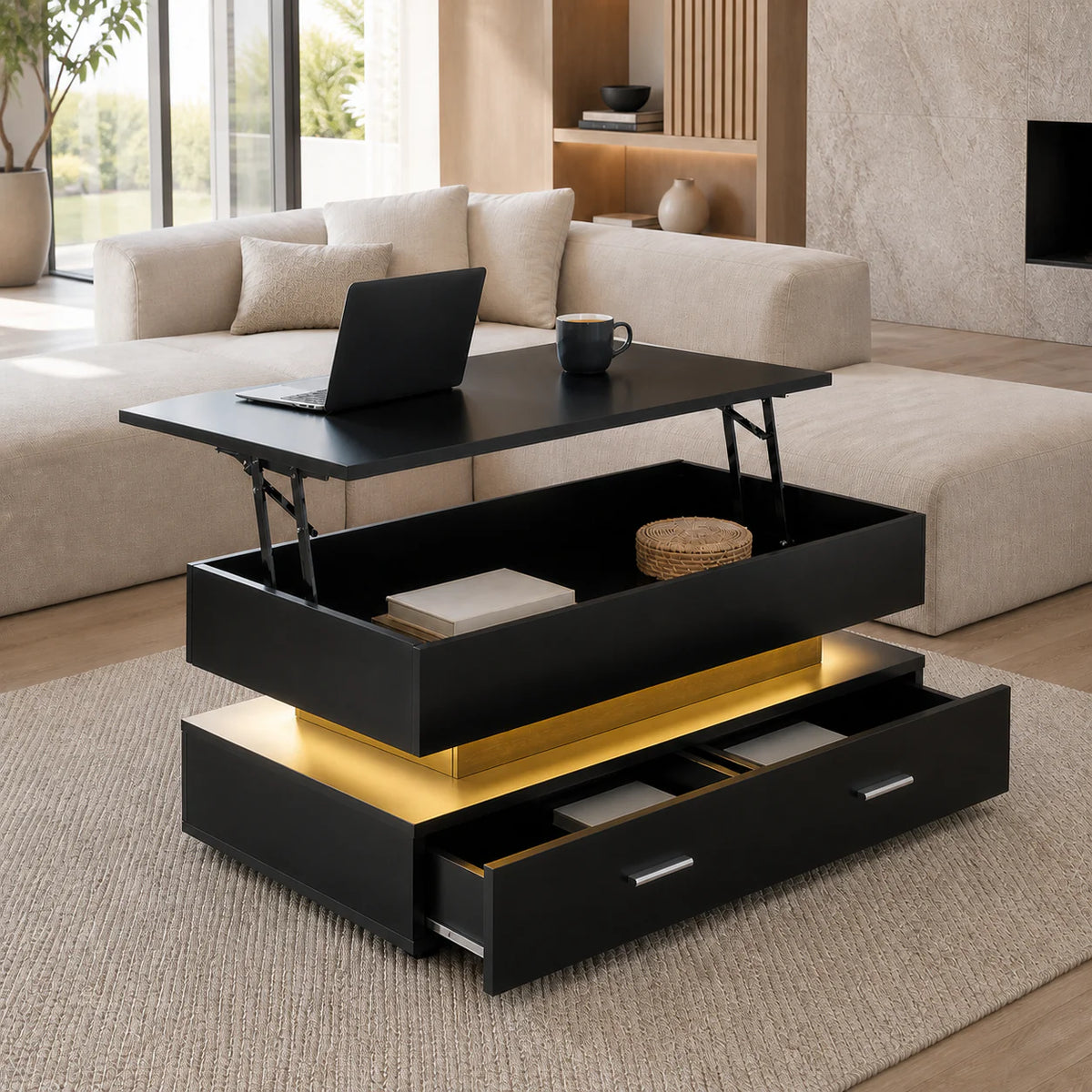 Table basse relevable Aria – Rangement intégré & éclairage LED