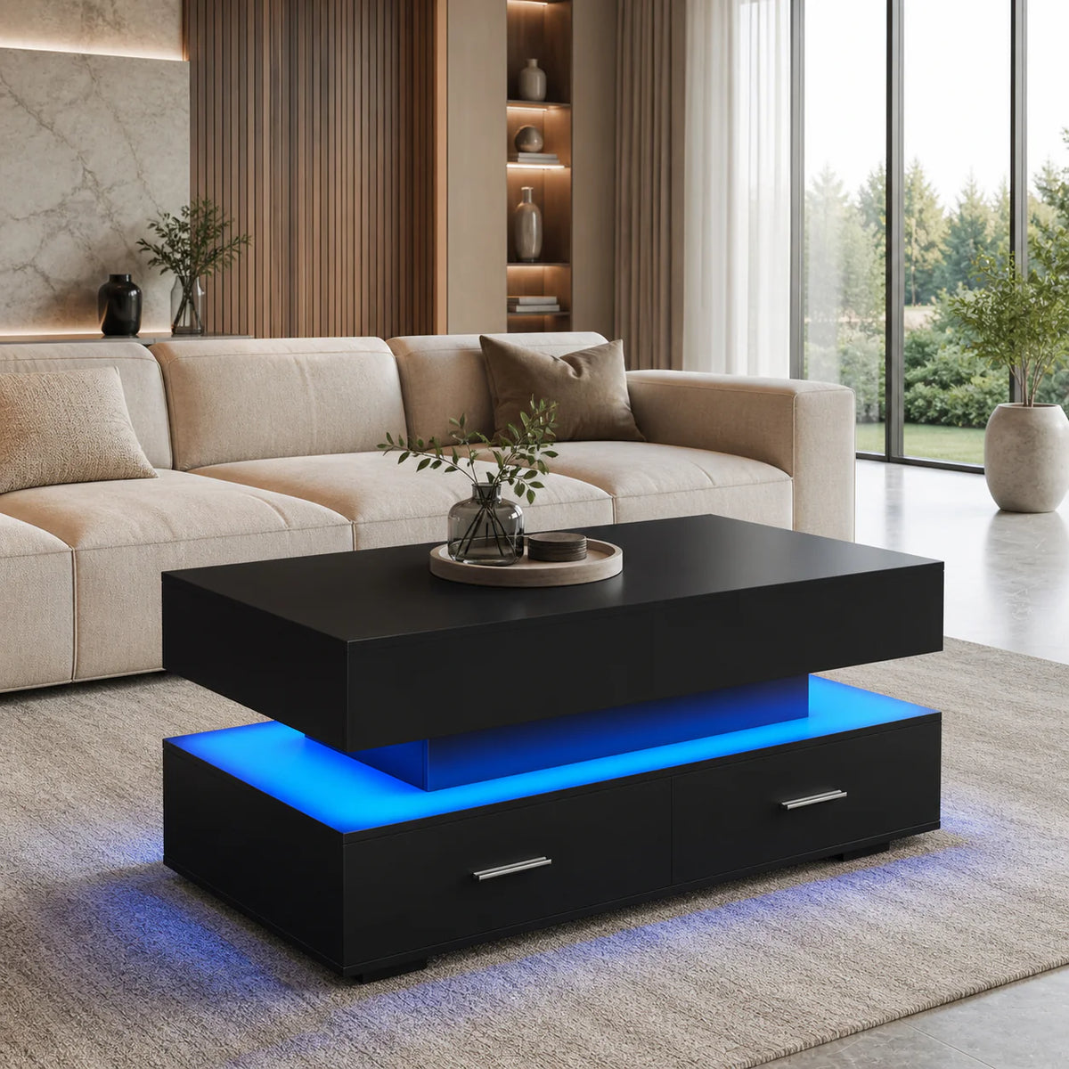 Table basse relevable Aria – Rangement intégré & éclairage LED