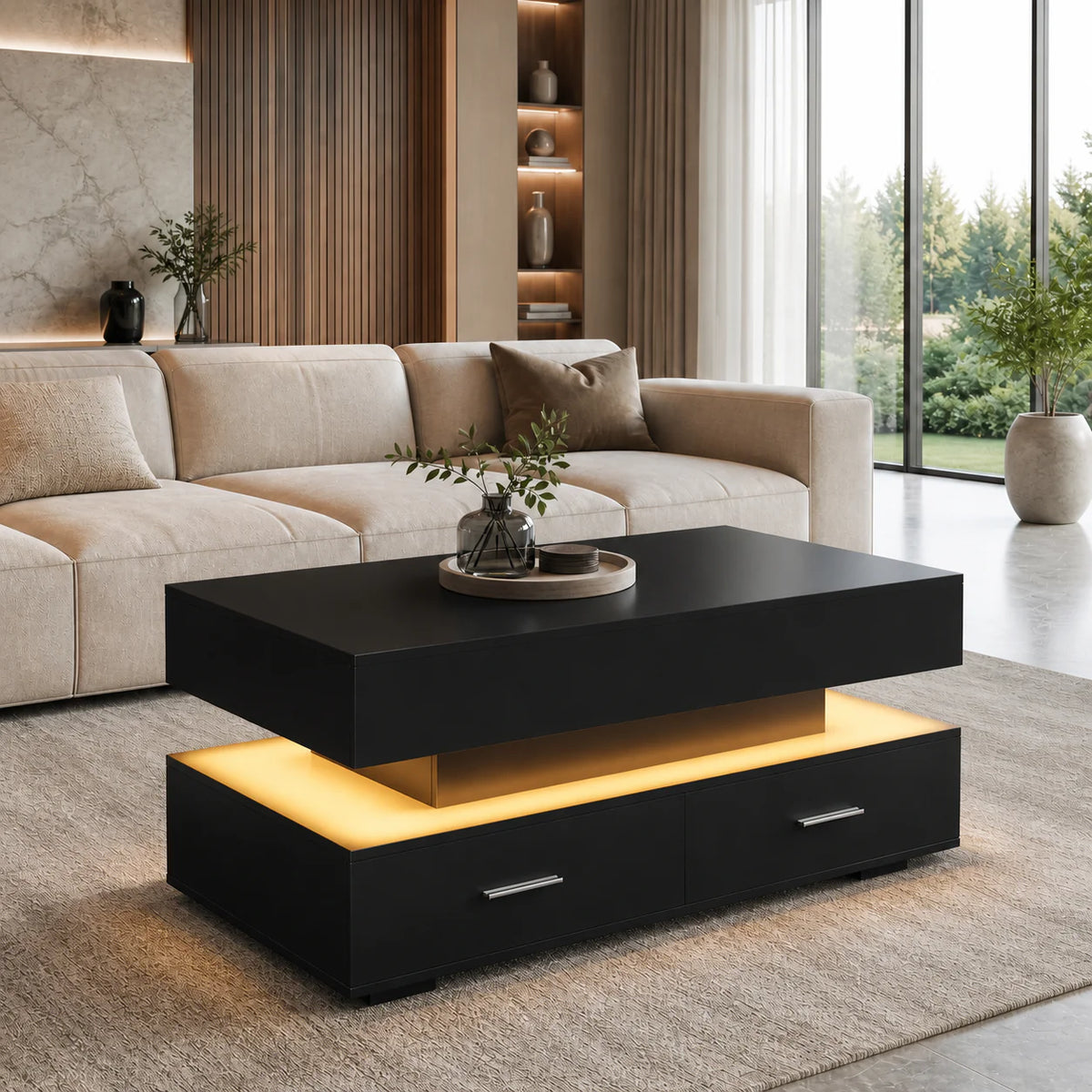 Table basse relevable Aria – Rangement intégré & éclairage LED