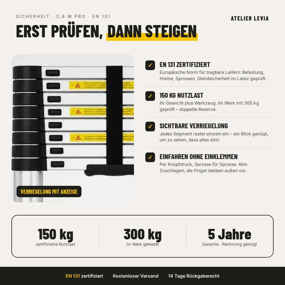 Teleskopleiter 2,6 m Pro – Sicherheit: EN 131, 150 kg, Verriegelung