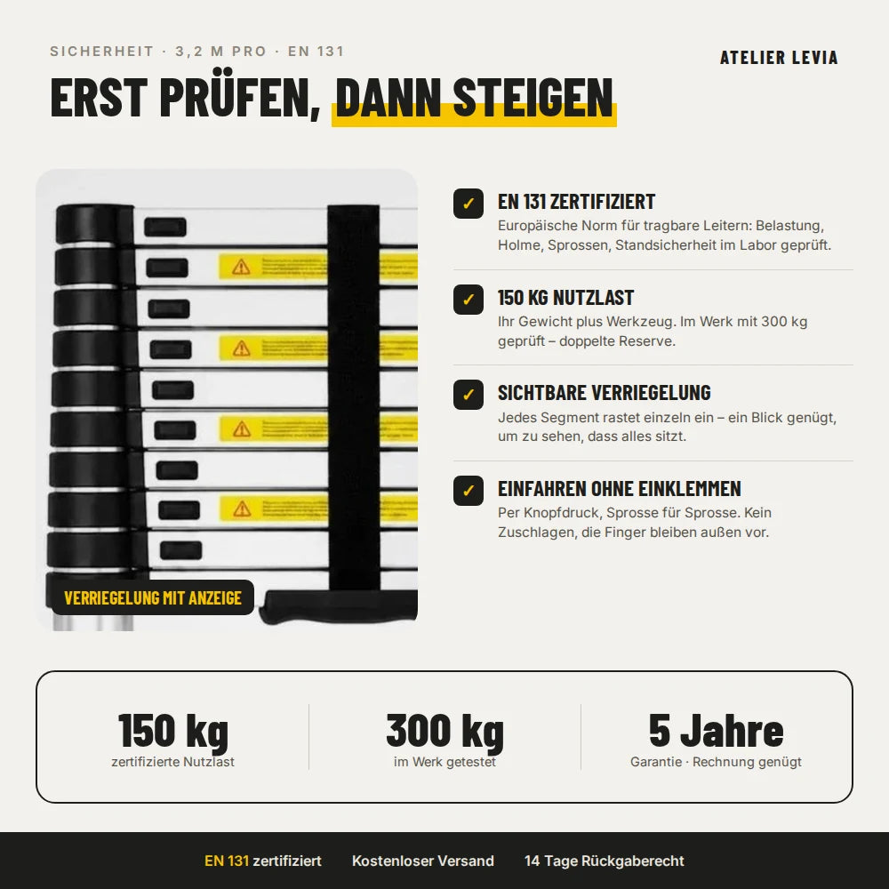 Teleskopleiter 3,2 m Pro – Sicherheit: EN 131, 150 kg, Verriegelung