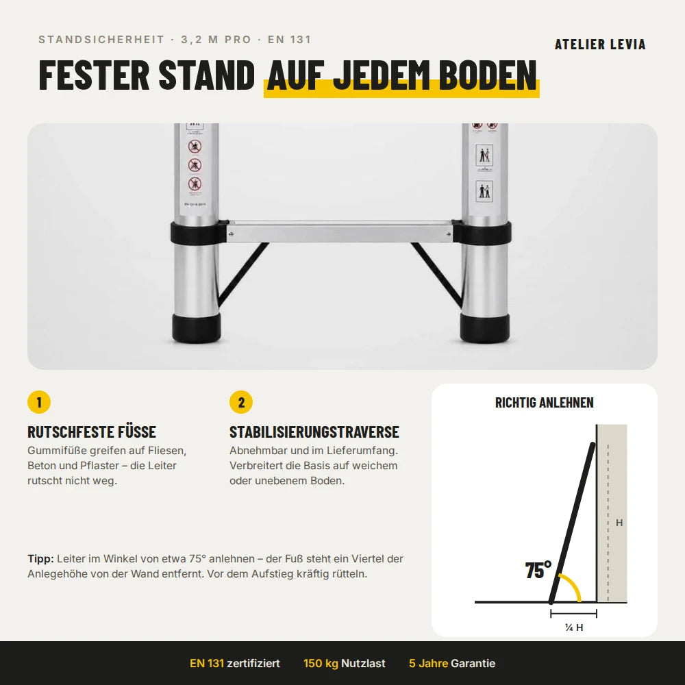 Teleskopleiter 3,2 m Pro – Standsicherheit: rutschfeste Füße und Anstellwinkel 75°