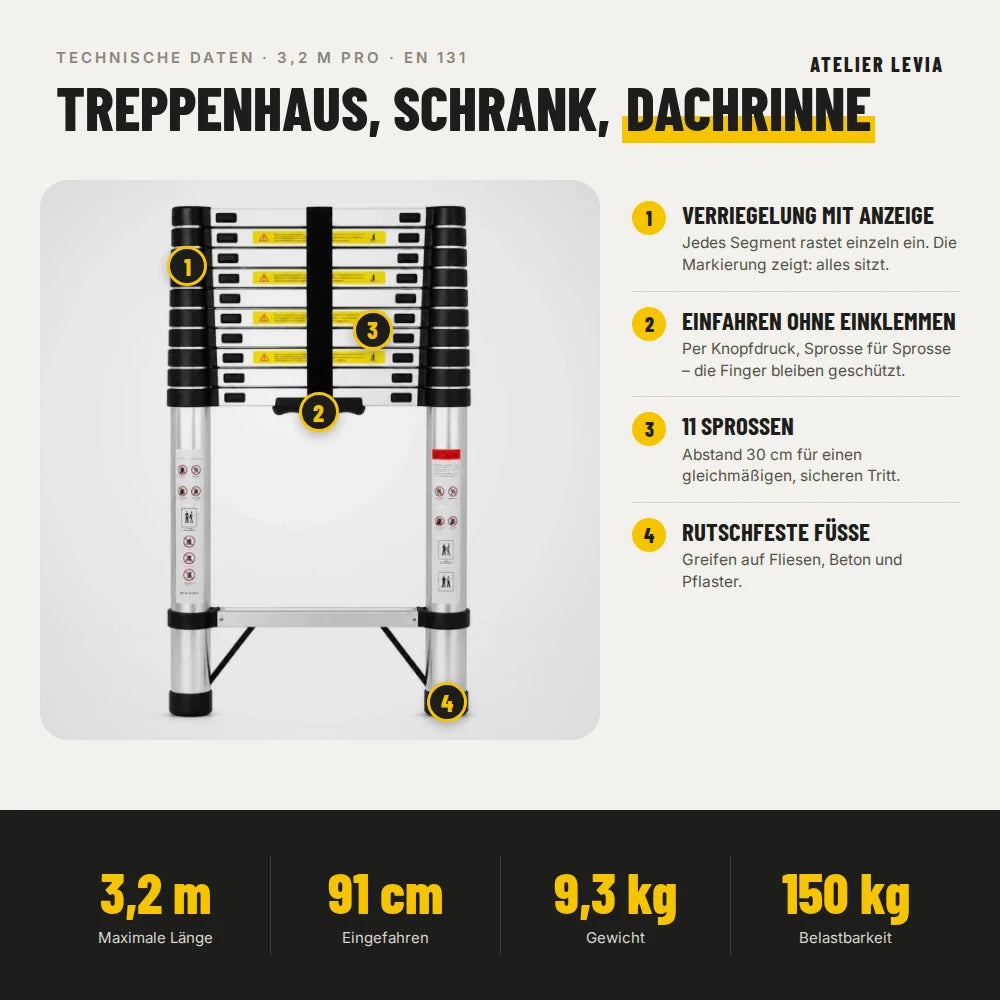 Teleskopleiter 3,2 m Pro – Technische Daten