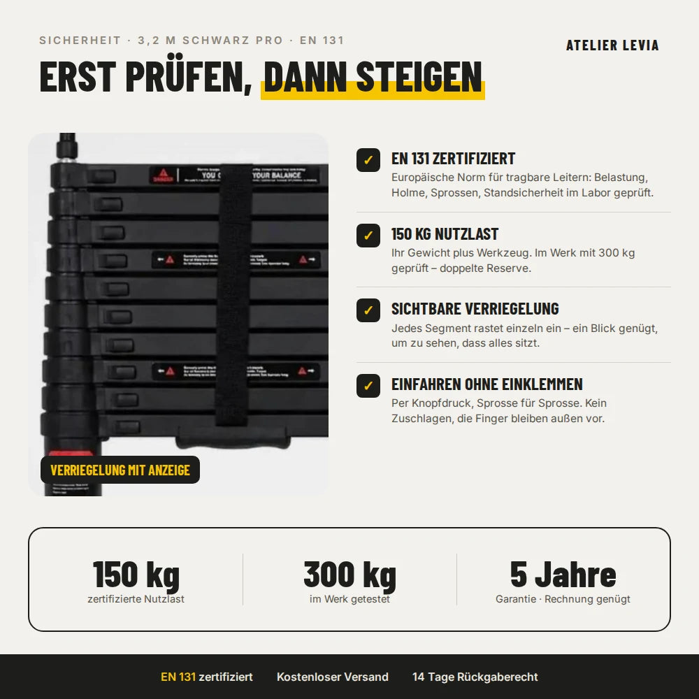 Teleskopleiter 3,2 m Schwarz Pro – Sicherheit: EN 131, 150 kg, Verriegelung