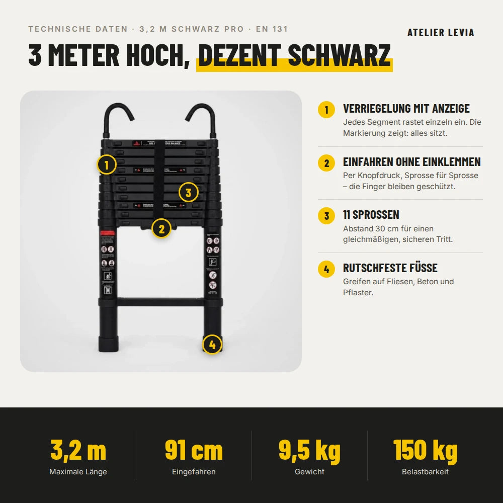 Teleskopleiter 3,2 m Schwarz Pro – Technische Daten