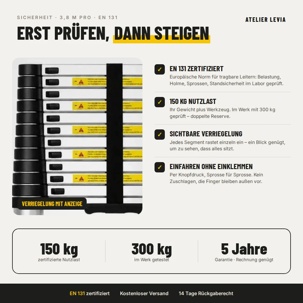 Teleskopleiter 3,8 m Pro – Sicherheit: EN 131, 150 kg, Verriegelung