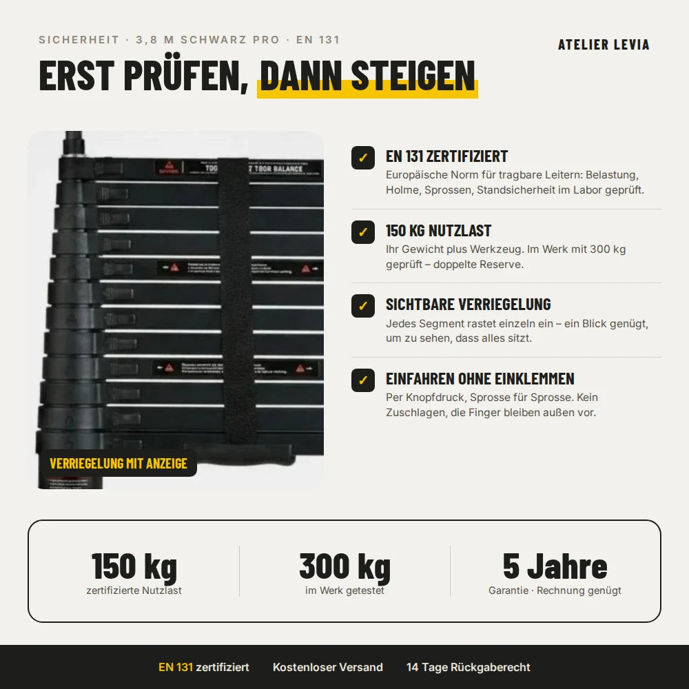 Teleskopleiter 3,8 m Schwarz Pro – Sicherheit: EN 131, 150 kg, Verriegelung