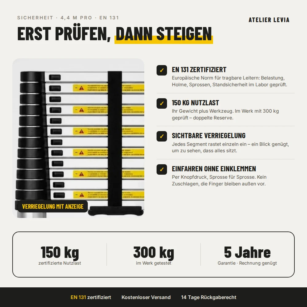 Teleskopleiter 4,4 m Pro – Sicherheit: EN 131, 150 kg, Verriegelung