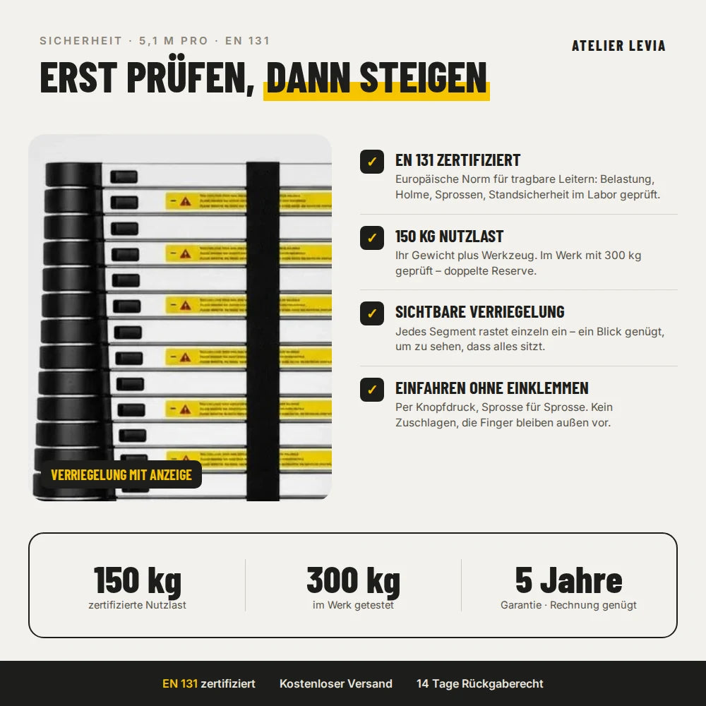 Teleskopleiter 5,1 m Pro – Sicherheit: EN 131, 150 kg, Verriegelung