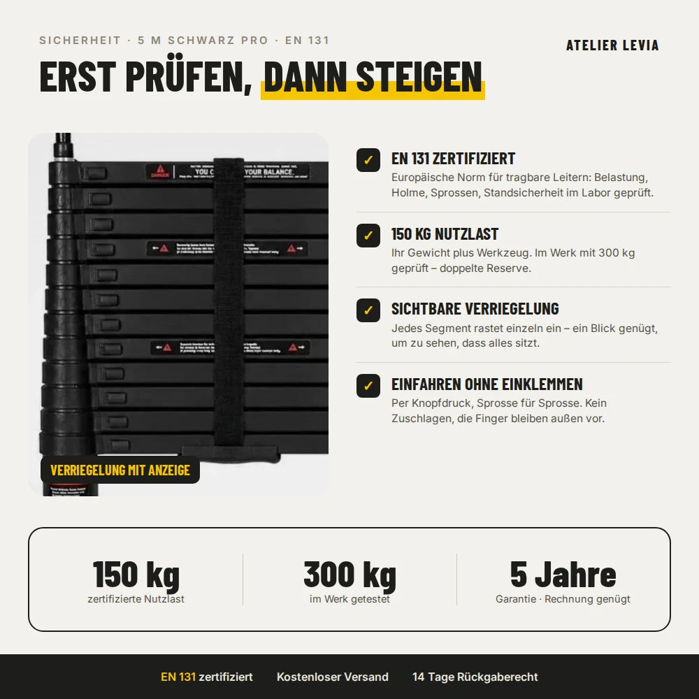 Teleskopleiter 5 m Schwarz Pro – Sicherheit: EN 131, 150 kg, Verriegelung