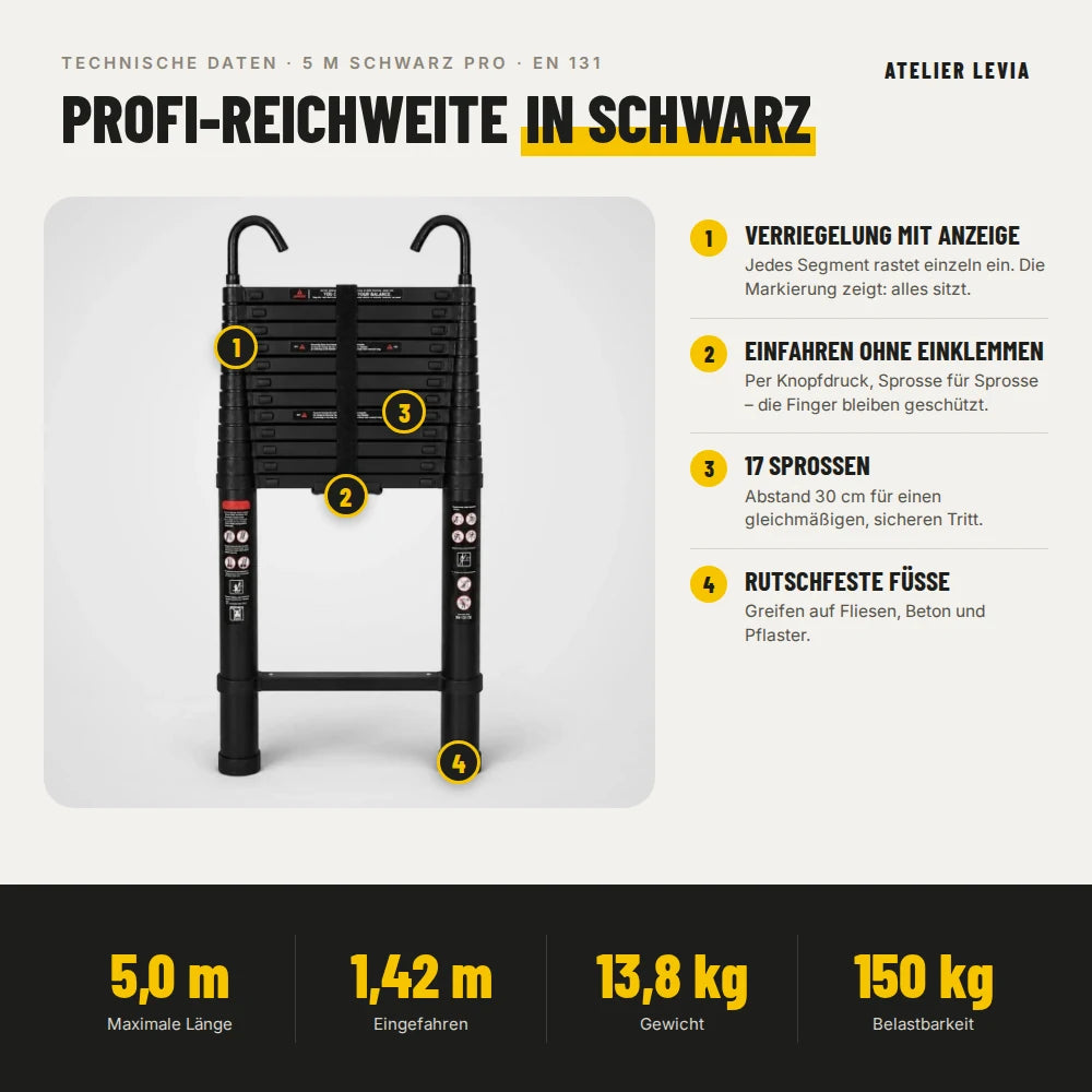 Teleskopleiter 5 m Schwarz Pro – Technische Daten