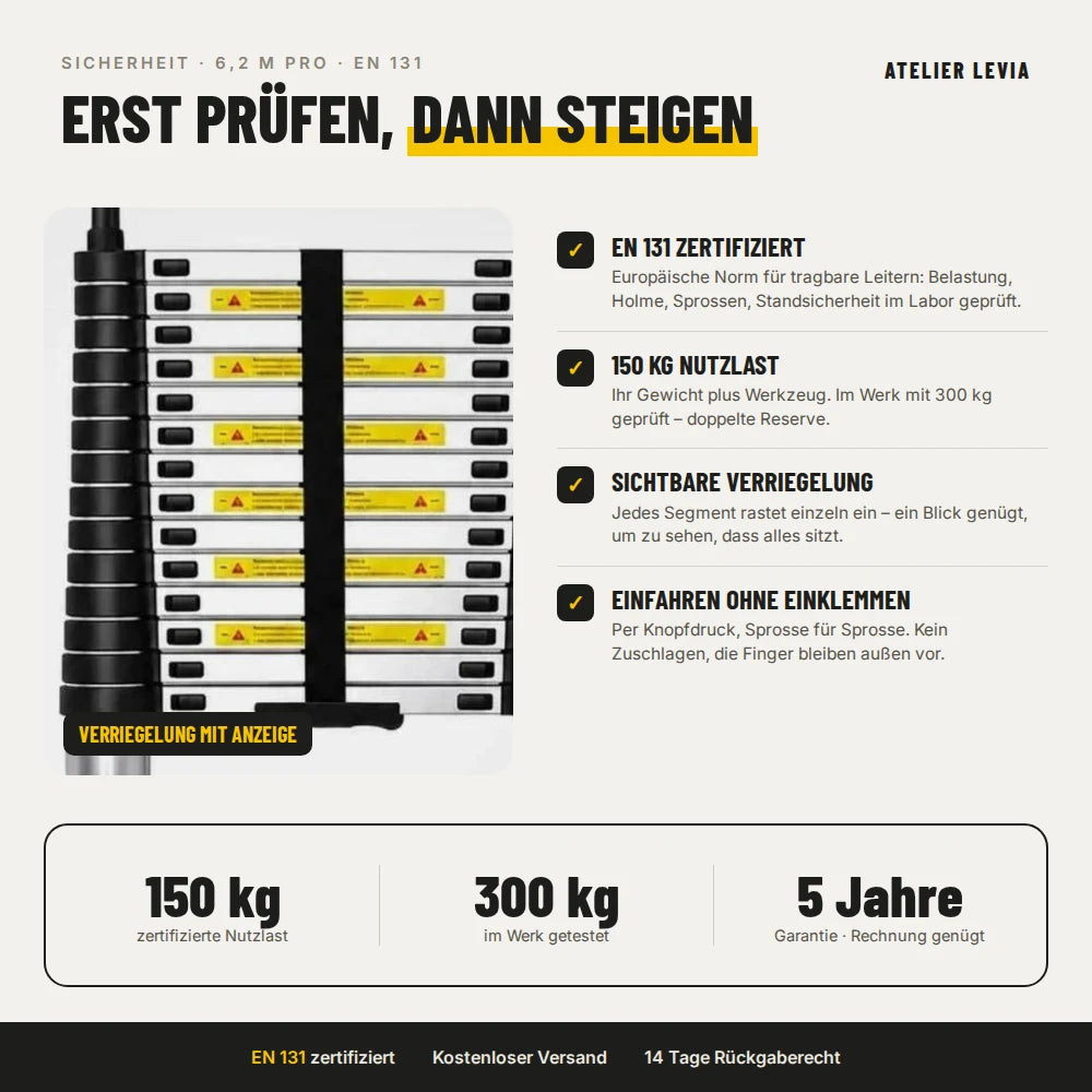 Teleskopleiter 6,2 m Pro – Sicherheit: EN 131, 150 kg, Verriegelung