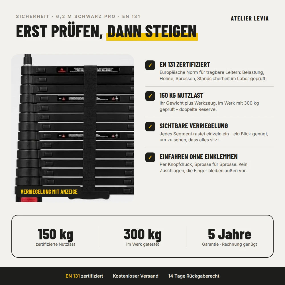 Teleskopleiter 6,2 m Schwarz Pro – Sicherheit: EN 131, 150 kg, Verriegelung